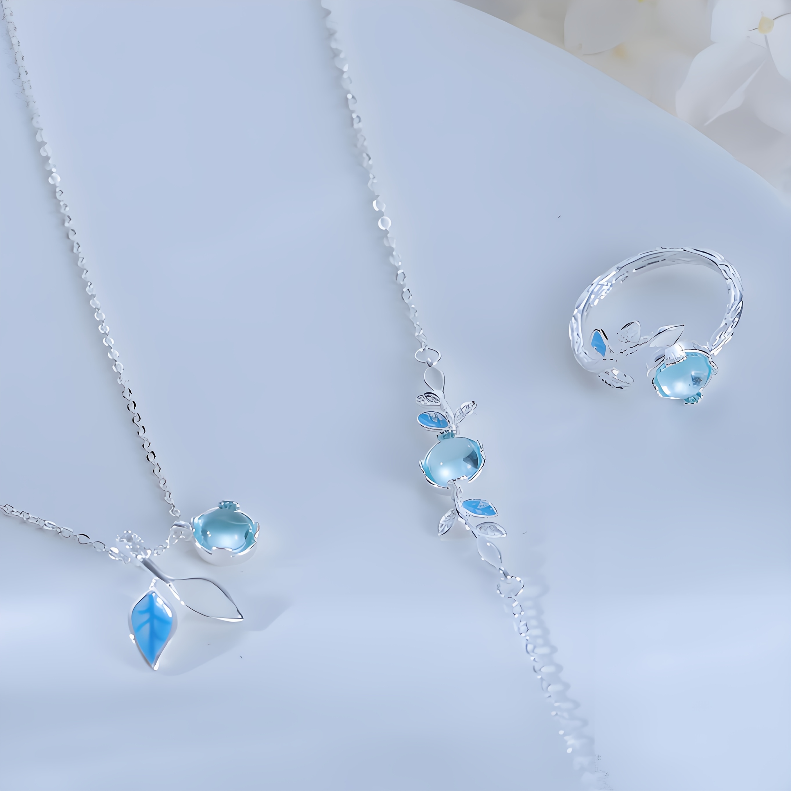Moonstone Jewelry Set: Necklace, Ring, Bracelet, Leaf Design, 925 Silver Plated
